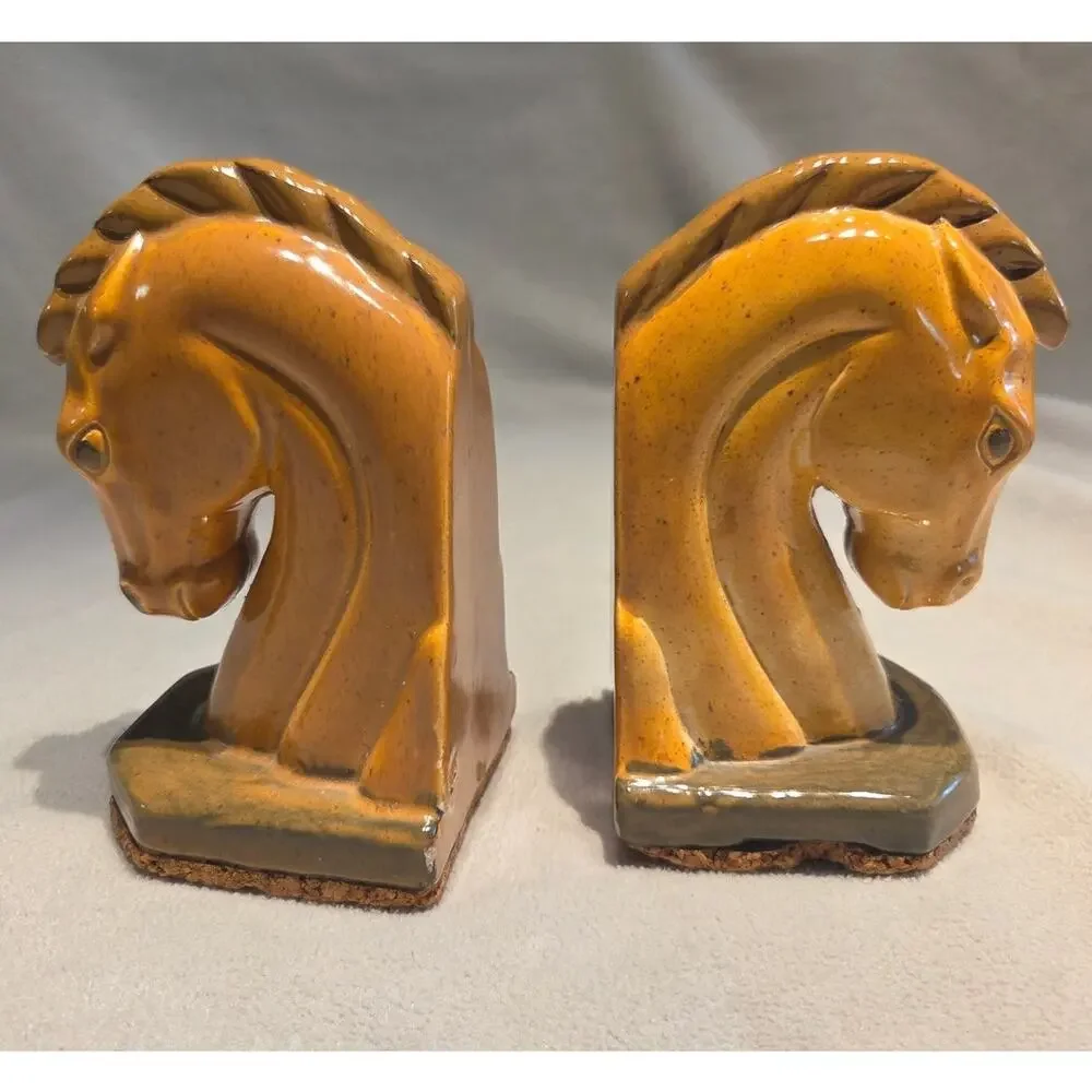 Vtg Pair Horse Head Ceramic Bookends Trojan Art Deco Cork Bottom